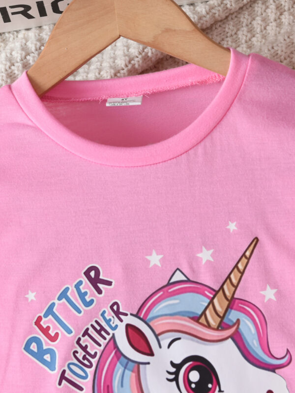 Girls summer trendy pink short-sleeved monologue T-shirt plus pink trousers unicorn pattern suit - Image 3