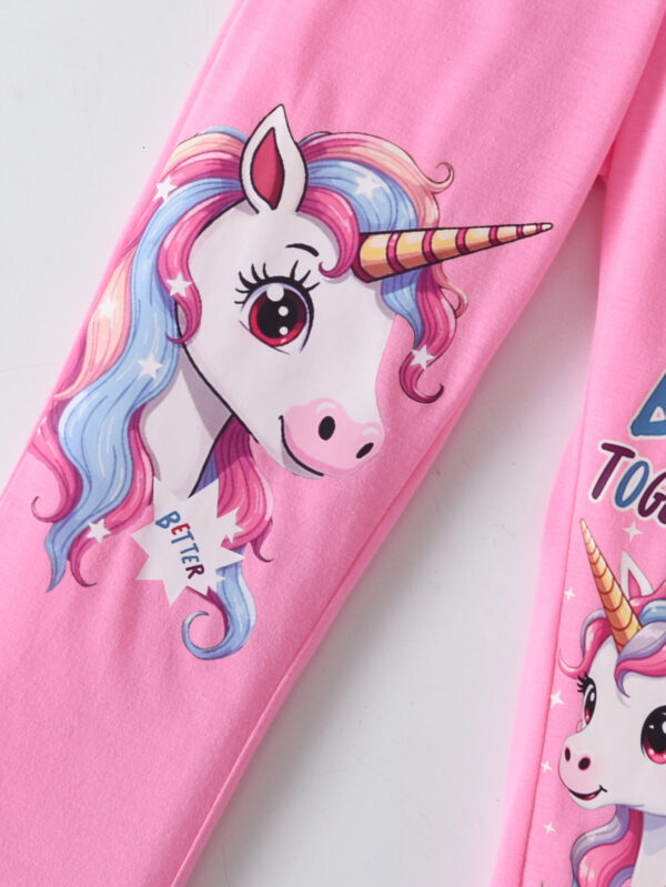 Girls summer trendy pink short-sleeved monologue T-shirt plus pink trousers unicorn pattern suit - Image 9