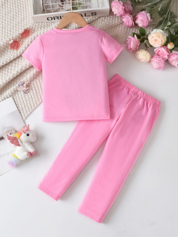 Girls summer trendy pink short-sleeved monologue T-shirt plus pink trousers unicorn pattern suit - Image 2