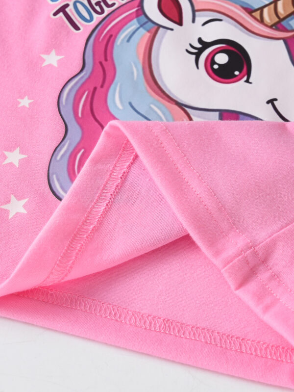 Girls summer trendy pink short-sleeved monologue T-shirt plus pink trousers unicorn pattern suit - Image 7