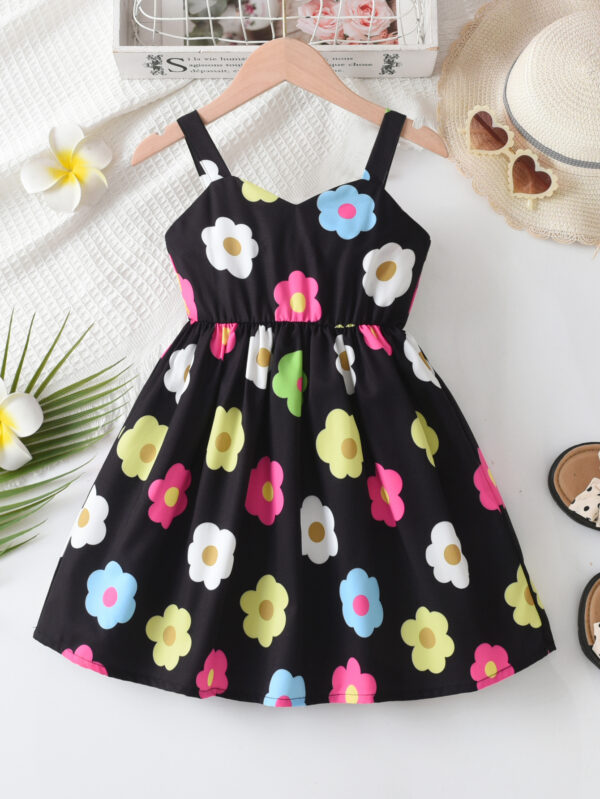 Summer Girls Random Printed Flower Pattern Suspender Flower Pattern Ruffle Hem Waist Dress - Image 4