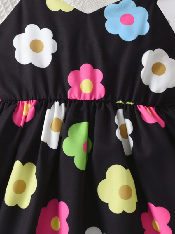 Summer Girls Random Printed Flower Pattern Suspender Flower Pattern Ruffle Hem Waist Dress - Image 6
