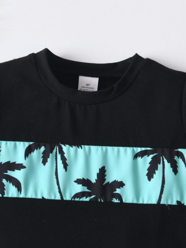 Boys&apos; New Round Neck Black Short Sleeve Blue Striped Palm Tree Positioning Pattern Top Blue Palm Tree Shorts - Image 5