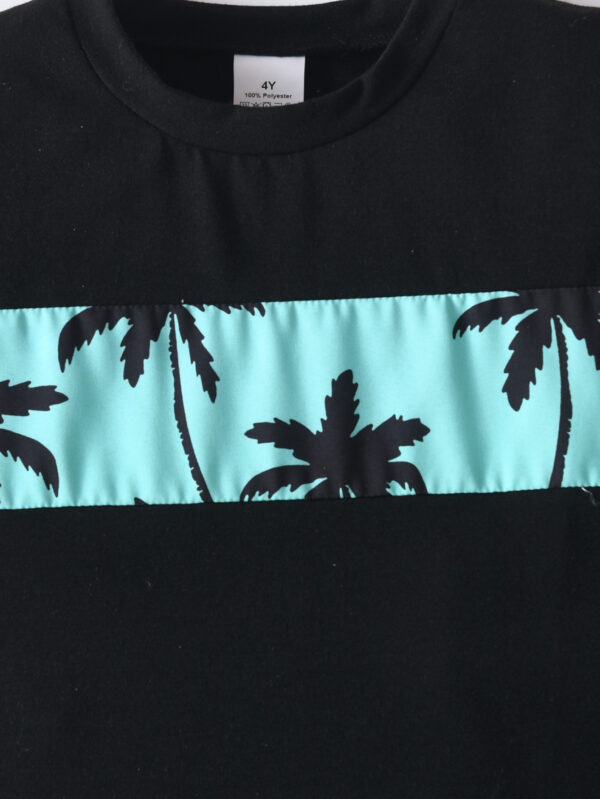 Boys&apos; New Round Neck Black Short Sleeve Blue Striped Palm Tree Positioning Pattern Top Blue Palm Tree Shorts - Image 6