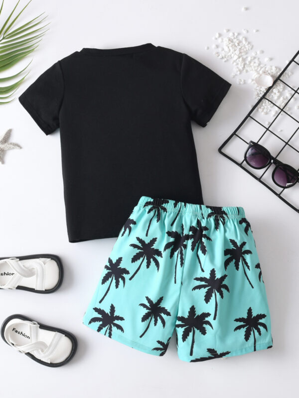 Boys&apos; New Round Neck Black Short Sleeve Blue Striped Palm Tree Positioning Pattern Top Blue Palm Tree Shorts - Image 4