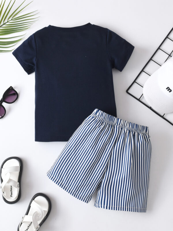 Boys&apos; fashionable short T-shirt suit two-piece summer round neck striped navy style short-sleeved suit - Image 7