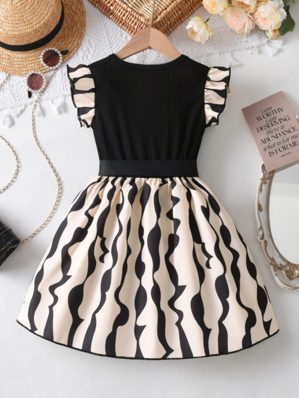 Girls Summer Dress Black Vertical Stripes Wave Print Skirt Lotus Sleeve Fashion Princess Dress - Image 2