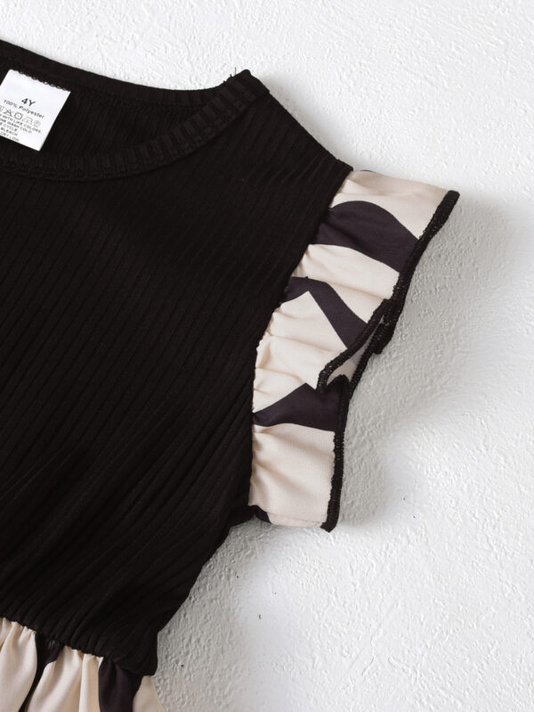 Girls Summer Dress Black Vertical Stripes Wave Print Skirt Lotus Sleeve Fashion Princess Dress - Image 3