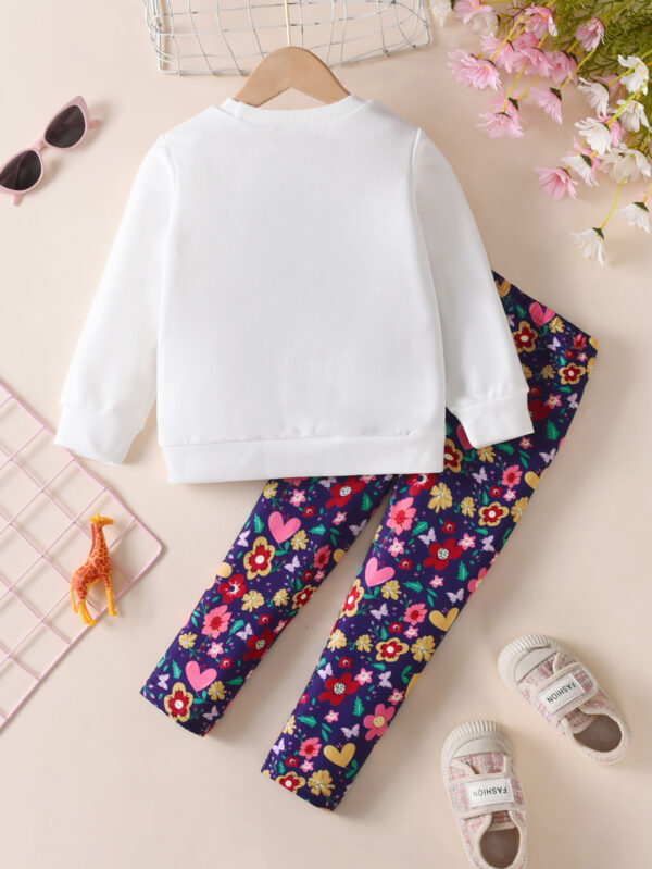 Girls Autumn Suit Round Neck with Giraffe Print Sweater + Love Flower Leggings Trousers Suit - Image 2