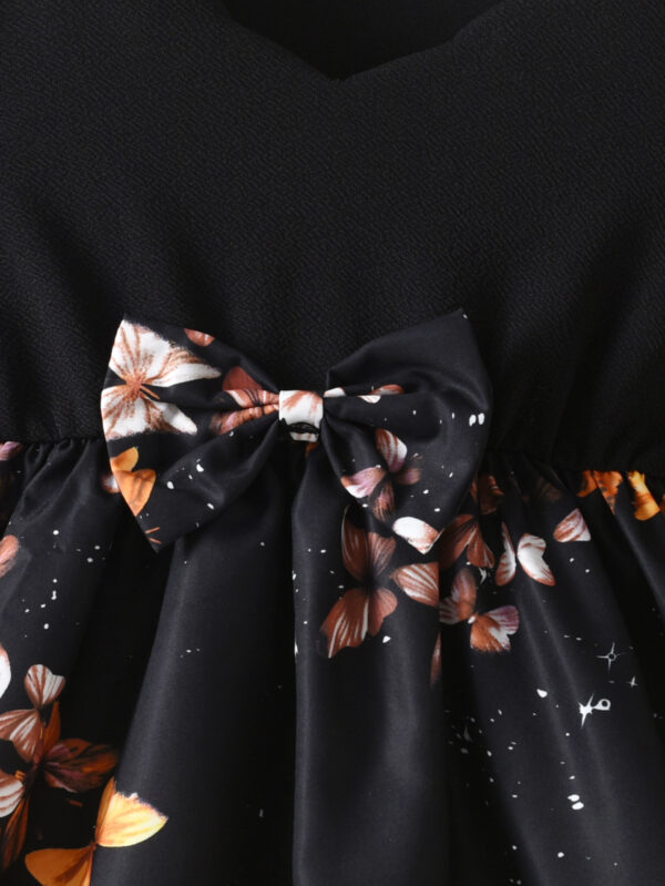 Girls autumn trend long sleeve puff sleeve waist with black bow decoration waist fashionable autumn dress - Image 5