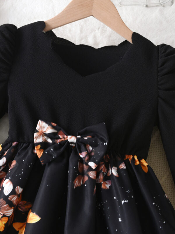 Girls autumn trend long sleeve puff sleeve waist with black bow decoration waist fashionable autumn dress - Image 3