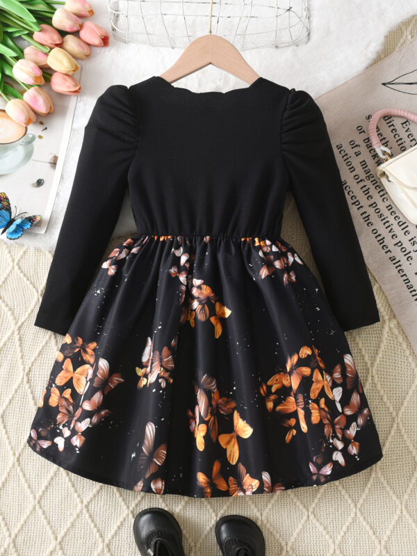 Girls autumn trend long sleeve puff sleeve waist with black bow decoration waist fashionable autumn dress - Image 2