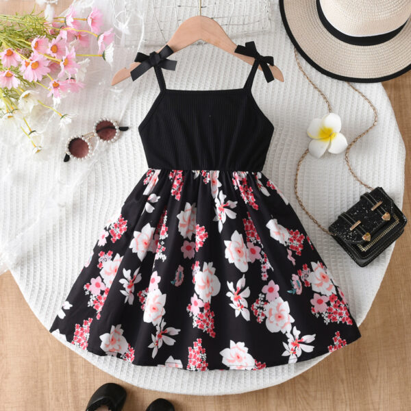 Japanese solid color sleeveless suspender bow random floral print A-line ruffle loose hem dress - Image 2