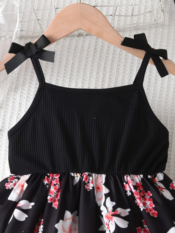 Japanese solid color sleeveless suspender bow random floral print A-line ruffle loose hem dress - Image 3