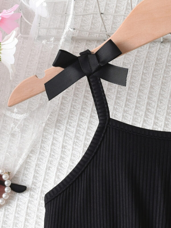 Japanese solid color sleeveless suspender bow random floral print A-line ruffle loose hem dress - Image 4