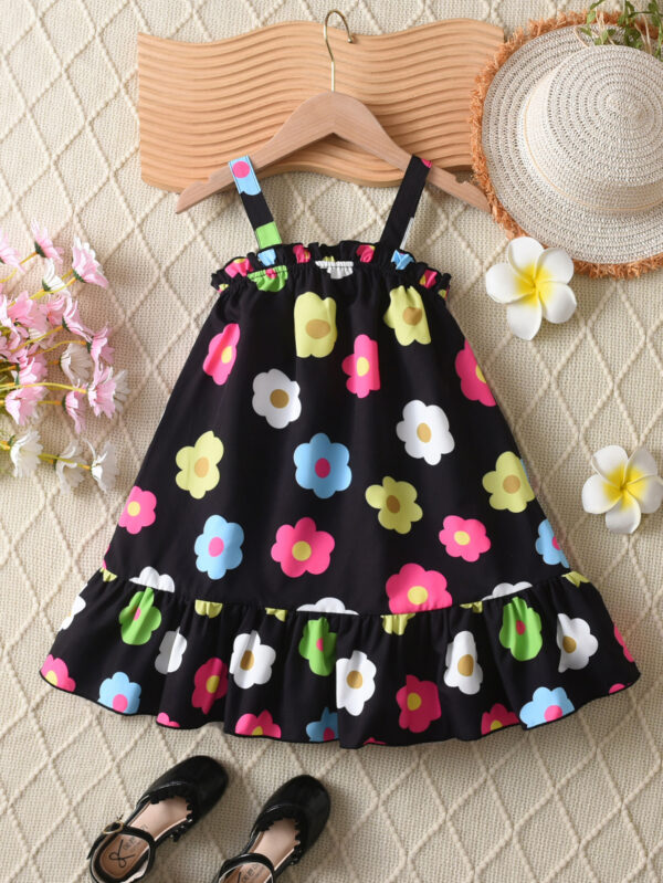 Girls Summer Fashion Flower Print Butterfly Strap Decoration Suspender Waist Off Shoulder Ruffle Hem Dress - Image 2