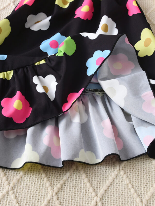 Girls Summer Fashion Flower Print Butterfly Strap Decoration Suspender Waist Off Shoulder Ruffle Hem Dress - Image 7