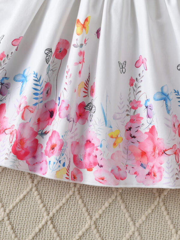 Summer Girls&apos; Casual Flying Sleeves Ruffled Floral Dress with Butterfly Flower Pattern Waist and Chest Button - Image 7