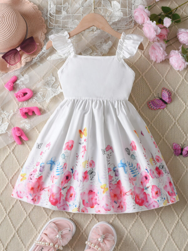 Summer Girls&apos; Casual Flying Sleeves Ruffled Floral Dress with Butterfly Flower Pattern Waist and Chest Button - Image 2
