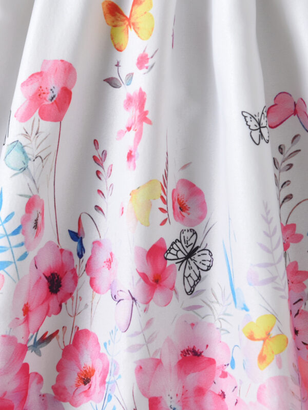 Summer Girls&apos; Casual Flying Sleeves Ruffled Floral Dress with Butterfly Flower Pattern Waist and Chest Button - Image 5
