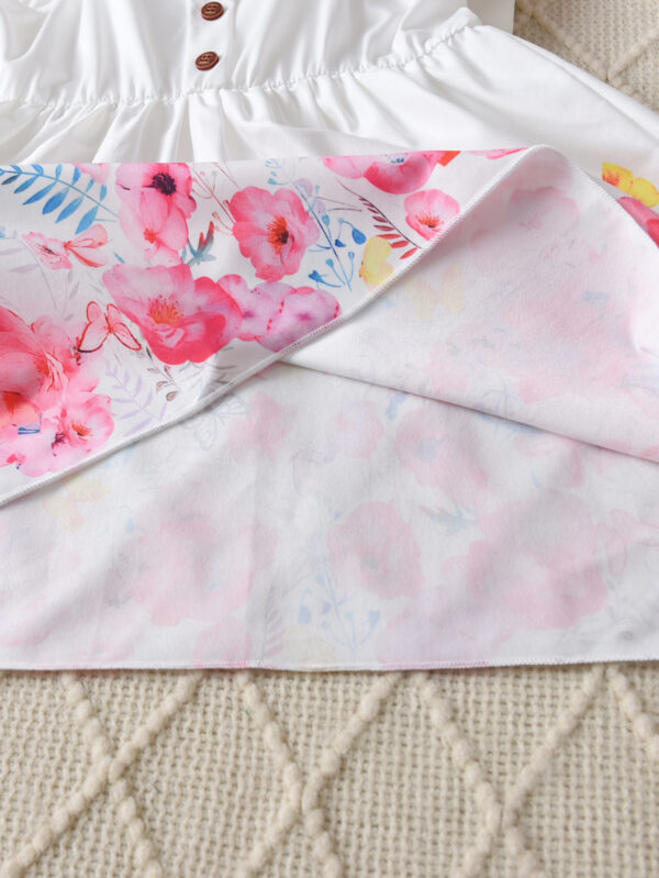 Summer Girls&apos; Casual Flying Sleeves Ruffled Floral Dress with Butterfly Flower Pattern Waist and Chest Button - Image 8