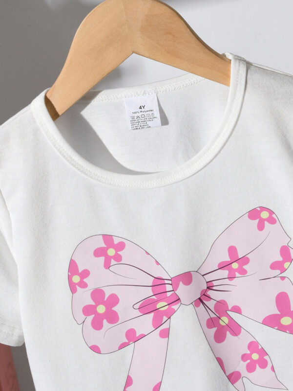 Girls Summer Two-piece Set Bow Print T-shirt + Pink Flower Tutu Skirt Princess Style - Image 3
