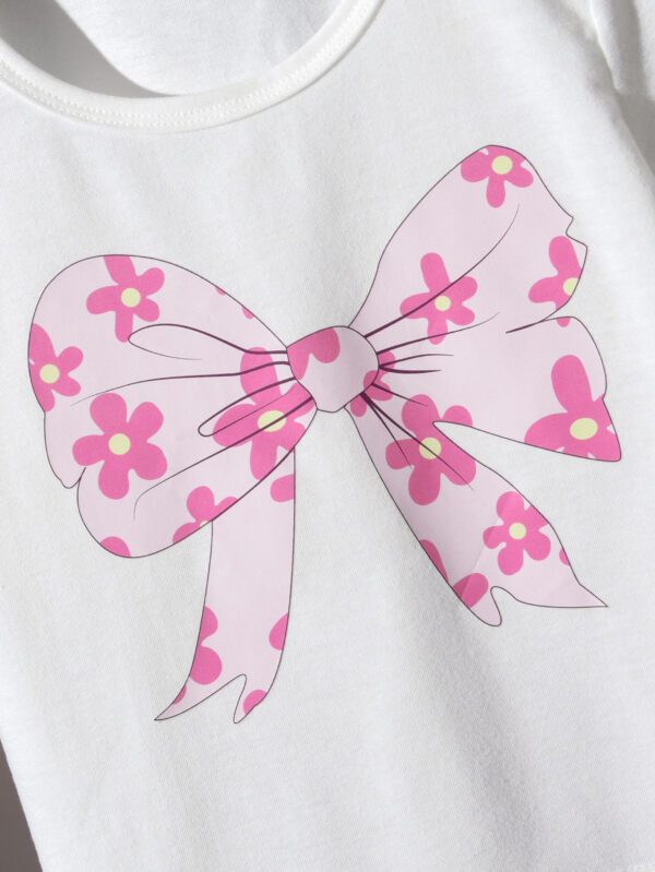 Girls Summer Two-piece Set Bow Print T-shirt + Pink Flower Tutu Skirt Princess Style - Image 4