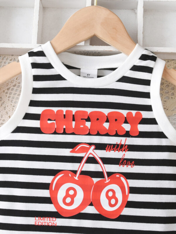 Girls Summer Fashion Striped Cherry Pattern Shorts Set Girls Summer Round Neck Sleeveless Shorts Set - Image 3