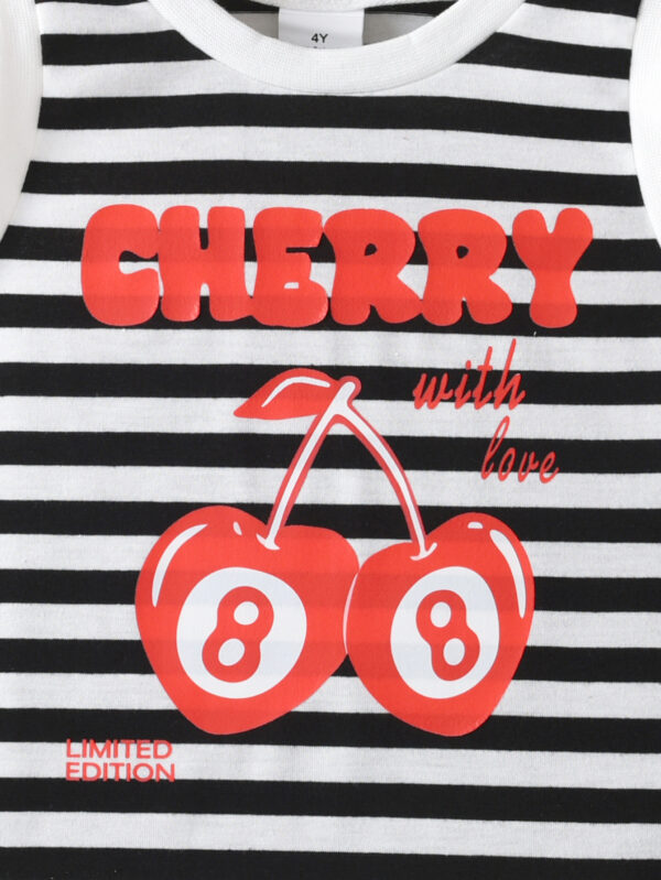 Girls Summer Fashion Striped Cherry Pattern Shorts Set Girls Summer Round Neck Sleeveless Shorts Set - Image 4