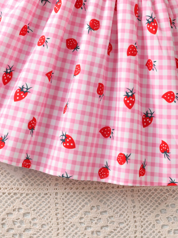 Summer Girls Fashion Plaid Strawberry Print Casual Dress Girls Summer Small Flying Sleeve Dress - Image 6