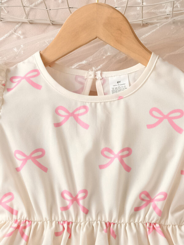 Girls Summer Puff Sleeve Round Neck Short Sleeve Comfortable Loose A-line Skirt Bowknot Little Girl Dress - Image 3