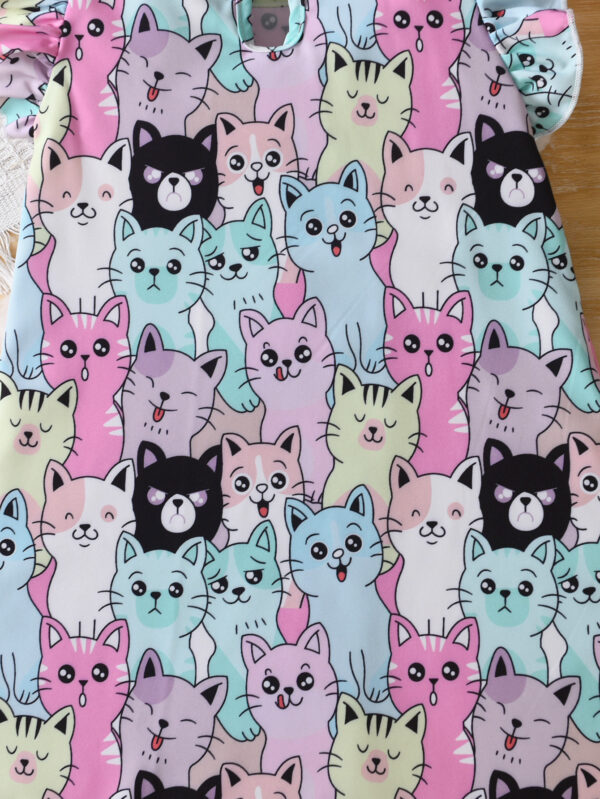 Girls Cartoon Cat Printed Flying Sleeve Dress Cute Animal Pattern A-Line Skirt Summer Dress - Image 6
