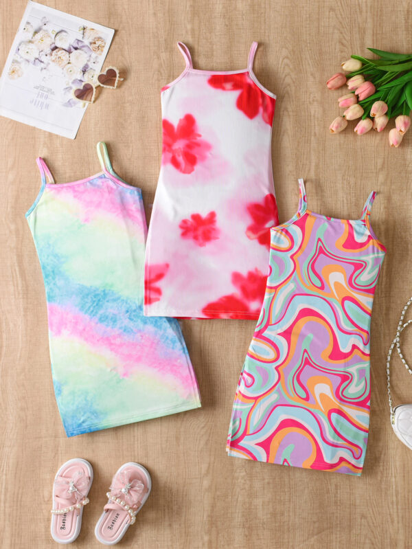 Girls Summer Spaghetti Strap Loose Three-piece Suit Fashion Trend Floral Tie-dye Graffiti Suspender Dress - Image 2