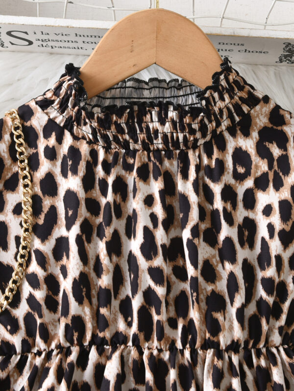 Girls&apos; autumn dress with pleated neckline, long sleeves and ruffled cuffs, trendy leopard print - Image 3