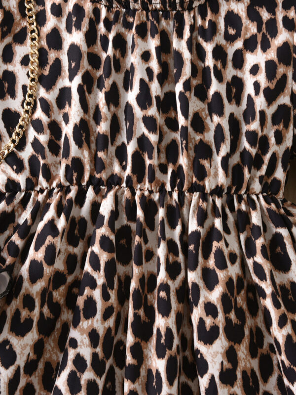 Girls&apos; autumn dress with pleated neckline, long sleeves and ruffled cuffs, trendy leopard print - Image 4