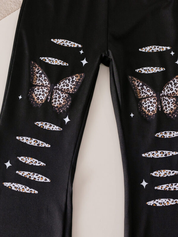 Girls Autumn Fashion Leopard Print Butterfly Cartoon Pattern Sweater + Butterfly Pattern Flared Pants Set - Image 9