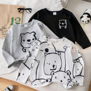 Autumn trendy three-piece sweatshirt for boys in black, white and gray with a small cartoon bear pattern