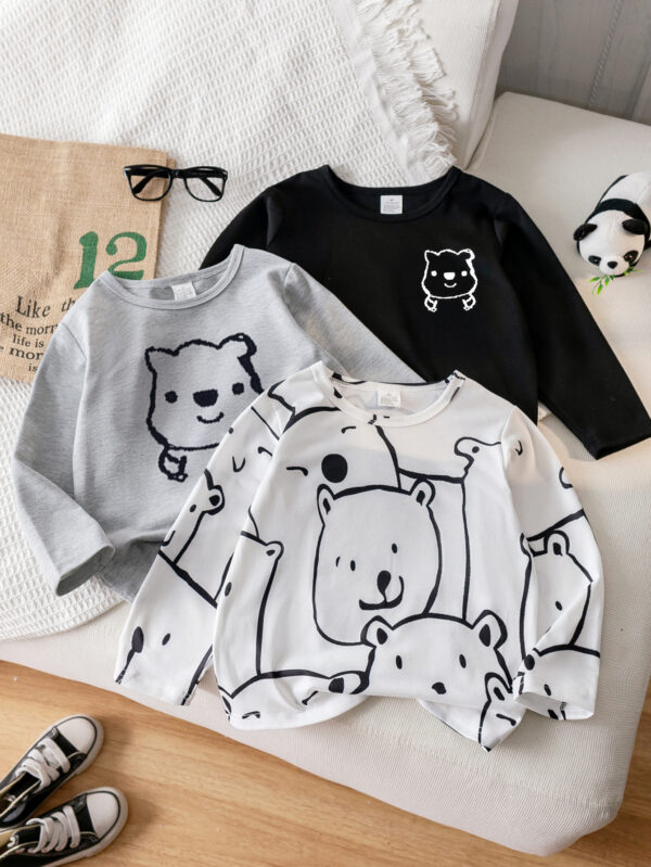 Autumn trendy three-piece sweatshirt for boys in black, white and gray with a small cartoon bear pattern