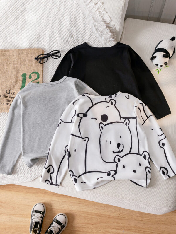 Autumn trendy three-piece sweatshirt for boys in black, white and gray with a small cartoon bear pattern - Image 2