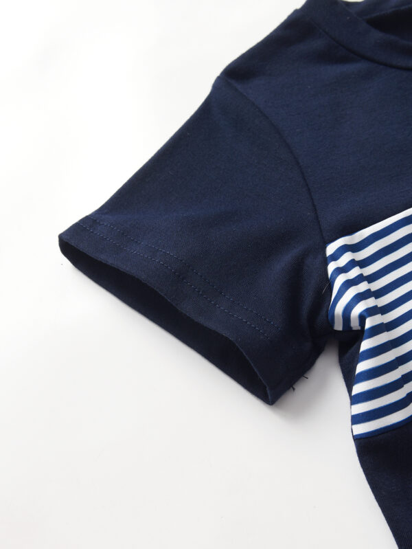 Boys&apos; fashionable short T-shirt suit two-piece summer round neck striped navy style short-sleeved suit - Image 10