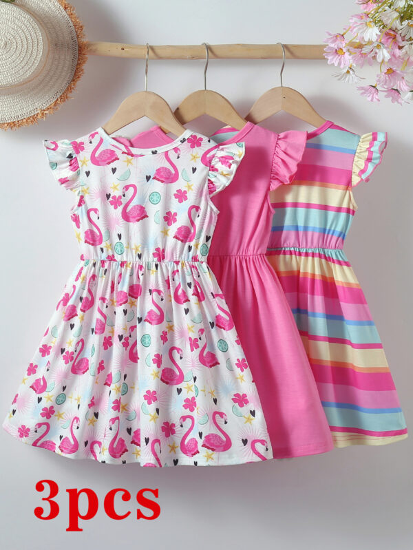 Girls summer fashion 3pcs three-piece dress waist round neck small flying sleeves ruffle three-piece dress - Image 3
