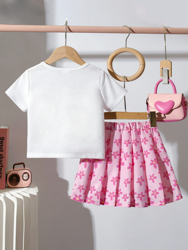 Girls Summer Two-piece Set Bow Print T-shirt + Pink Flower Tutu Skirt Princess Style - Image 2