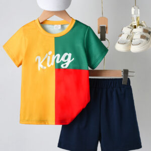 Boys&apos; summer fashion bright color patchwork letter pattern short-sleeved T-shirt and shorts set