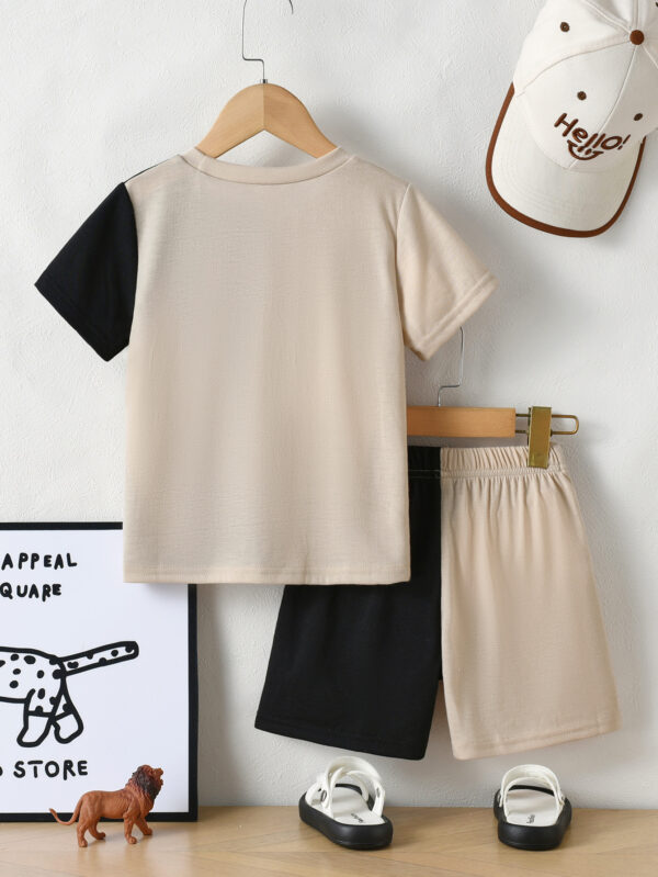 Boys&apos; summer round-neck short-sleeved color-blocking comfortable and breathable T-shirt suitable for daily activities + the same color-blocking shorts - Image 2