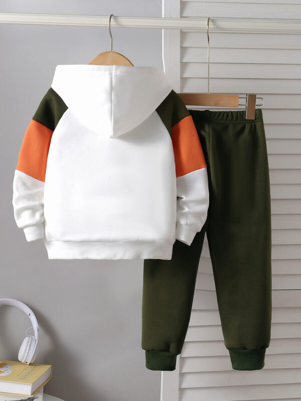 Boys&apos; autumn hooded sweatshirt in gray, orange and dark green with orange pockets and long pants set - Image 2
