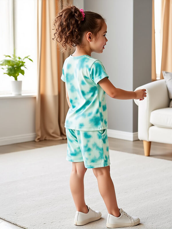 Summer Girls Cartoon Avatar Pattern Outdoor Sports Tie-Dye Round Neck Short Sleeve + Tie-Dye Shorts Casual Suit - Image 3