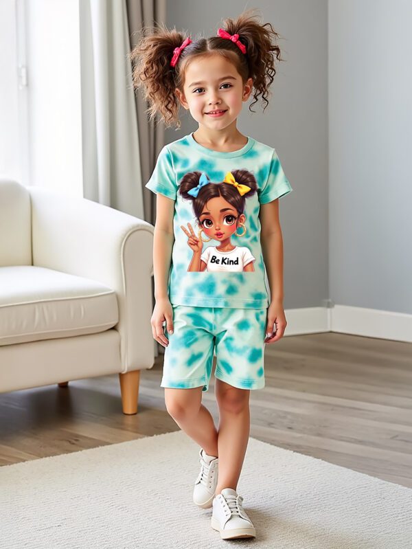 Summer Girls Cartoon Avatar Pattern Outdoor Sports Tie-Dye Round Neck Short Sleeve + Tie-Dye Shorts Casual Suit - Image 2