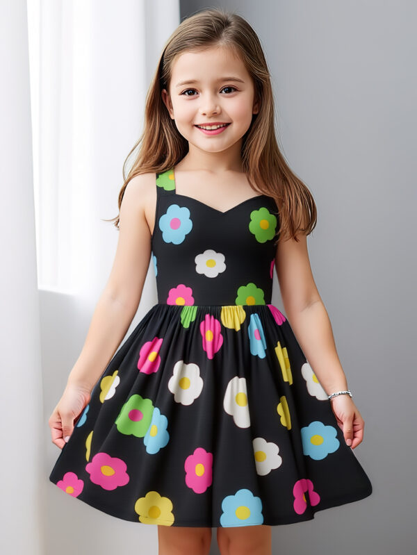 Summer Girls Random Printed Flower Pattern Suspender Flower Pattern Ruffle Hem Waist Dress - Image 2